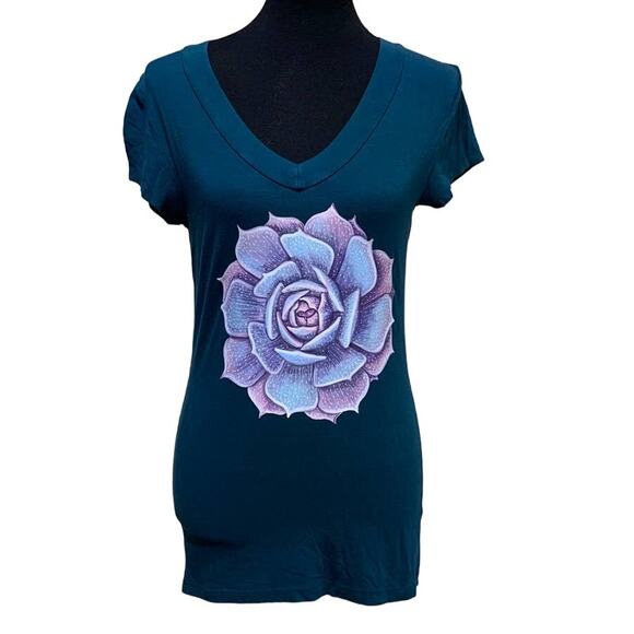 Handmade Tops - Hand Printed Upcycled Women Medium Purple Blue Succulent Cactus Short Sleeve Tee